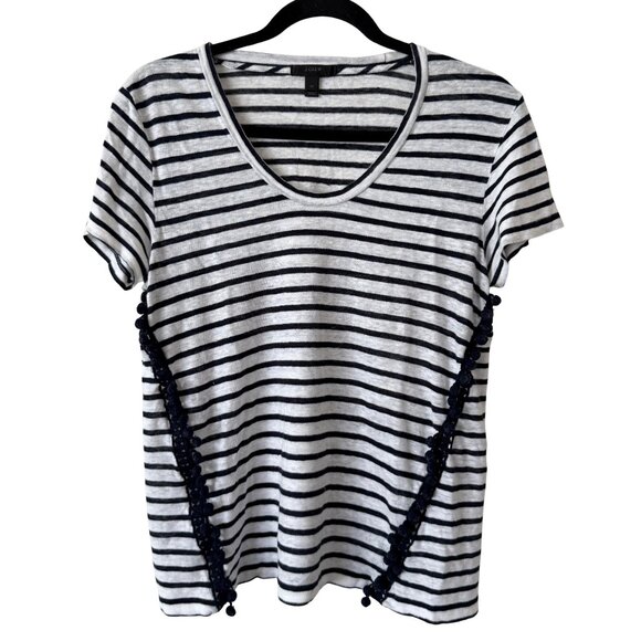 J. Crew 100% Linen Stripe Pom Pom Tassel Short Sleeve Tee Shirt - Medium - Picture 1 of 4